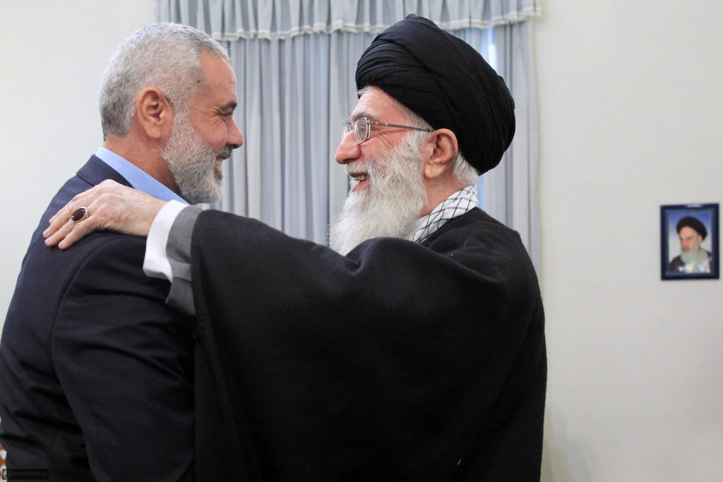 A handout photo made available by Iran's Supreme Leader's office on February 12, 2012,  shows Iranian supreme leader Ayatollah Ali Khamenei greeting Ismail Haniya (L), Palestinian Hamas premier in the Gaza Strip,  during a meeting in Tehran. AFP PHOTO/HO/KHAMENEI.IR    ++ RESTRICTED TO EDITORIAL USE - MANDATORY CREDIT "AFP PHOTO / KHAMENEI.IR" - NO MARKETING NO ADVERTISING CAMPAIGNS - DISTRIBUTED AS A SERVICE TO CLIENTS ++ (Photo by - / KHAMENEI IR / AFP) (Photo by -/KHAMENEI IR/AFP via Getty Images)