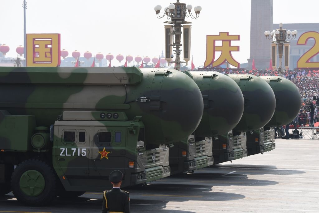 China's DF-41 nuclear-capable intercontinental ballistic missiles are seen during a military parade at Tiananmen Square in Beijing on October 1, 2019, to mark the 70th anniversary of the founding of the People's Republic of China. (Photo by GREG BAKER / AFP) (Photo by GREG BAKER/AFP via Getty Images)