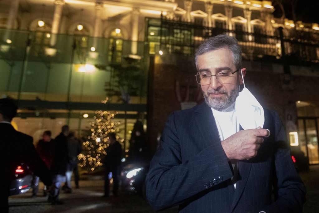 Iran's chief nuclear negotiator Ali Bagheri Kani speaks to the press in front of  the Palais Coburg, venue of the Joint Comprehensive Plan of Action (JCPOA) meeting that aims at reviving the Iran nuclear deal, in Vienna on December 27, 2021. (Photo by ALEX HALADA / AFP) (Photo by ALEX HALADA/AFP via Getty Images)