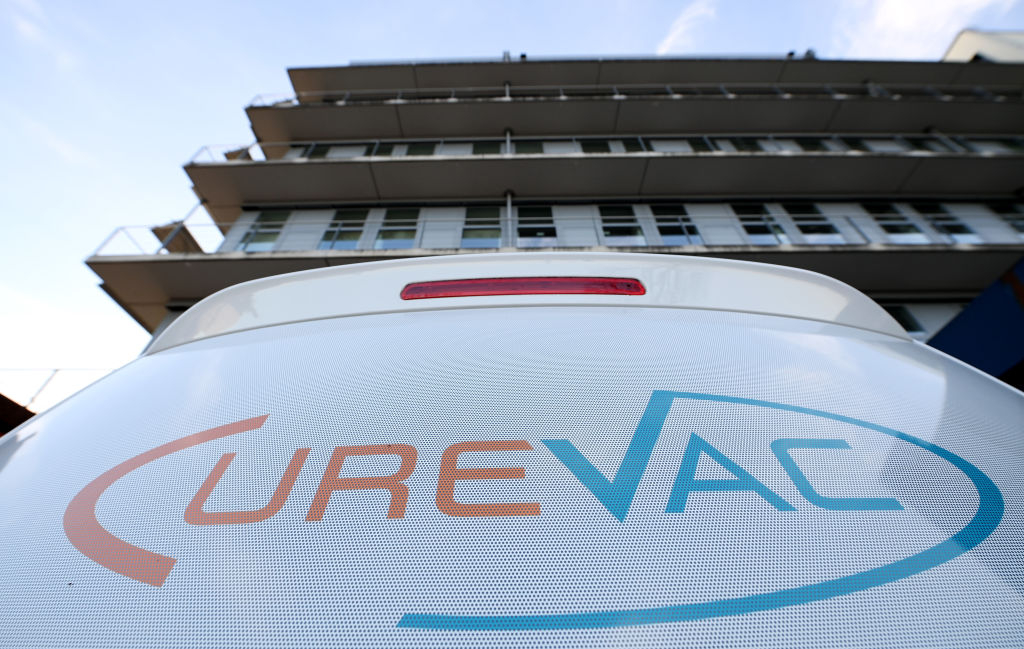 TUBINGEN, GERMANY - MARCH 15: The label of  the German biotech firm CureVacThe seen of a car in front of the headquarters housed in the 'Biotechnologiezentrum Paul-Ehrlich-Strasse' on March 15, 2020 in Tubingen, Germany. According to German media outlet Welt am Sonntag U.S. President Donald Trump is seeking exclusive access for the United States to a potential coronavirus vaccine under development by CureVac. The issue is causing diplomatic ripples with the German government, which wants a potential vaccine to be available for Europe and other countries as well, not just for the United States. (Photo by Matthias Hangst/Getty Images)
