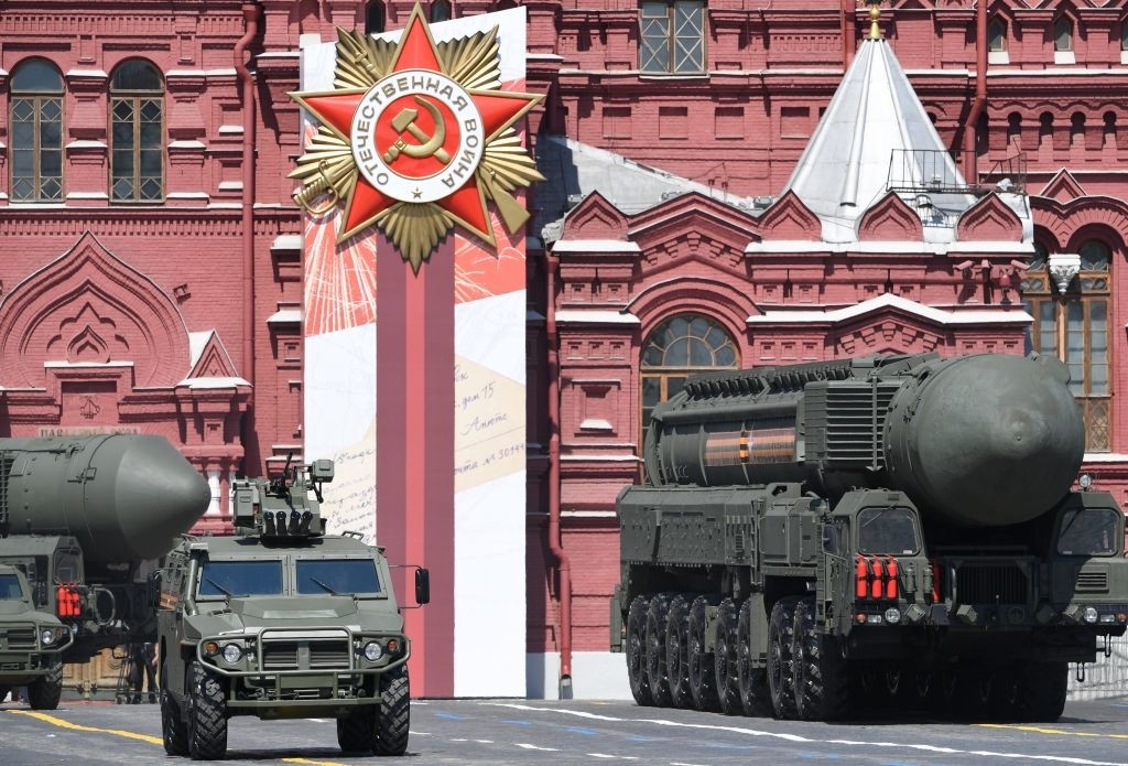MOSCOW, RUSSIA - JUNE 24:  The Yars mobile intercontinental ballistic missile launcher and a Tigr-M (Tiger) armored vehicle during a Victory Day military parade in Red Square marking the 75th anniversary of the victory in World War II, on June 24, 2020 in Moscow, Russia. The 75th-anniversary marks the end of the Great Patriotic War when the Nazi's capitulated to the then Soviet Union.  (Photo by Sergey Pyatakov - Host Photo Agency via Getty Images )