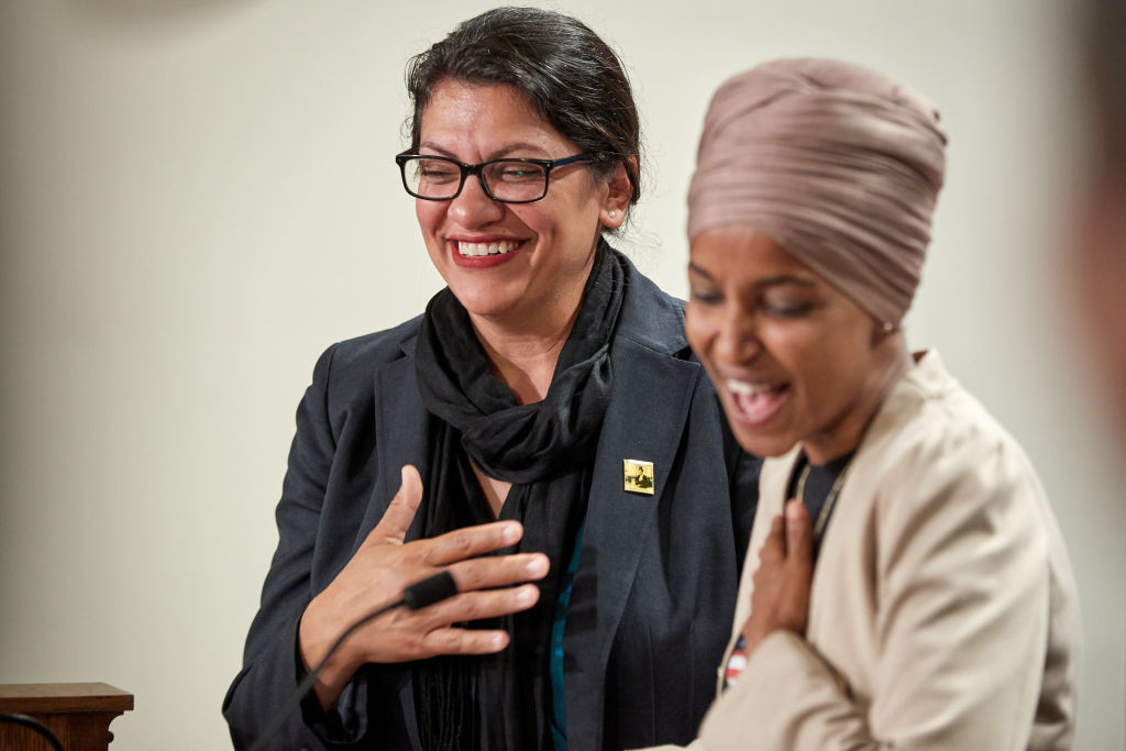 ST PAUL, MN - AUGUST 19: U.S. Reps. Rashida Tlaib (D-MI) and Ilhan Omar (D-MN) hold a news conference on August 19, 2019 in St. Paul, Minnesota. Israeli Prime Minister Benjamin Netanyahu blocked a planned trip by Omar and Tlaib to visit Israel and Palestine citing their support for the boycott, divestment, and sanctions (BDS) movement against Israel. (Photo by Adam Bettcher/Getty Images)