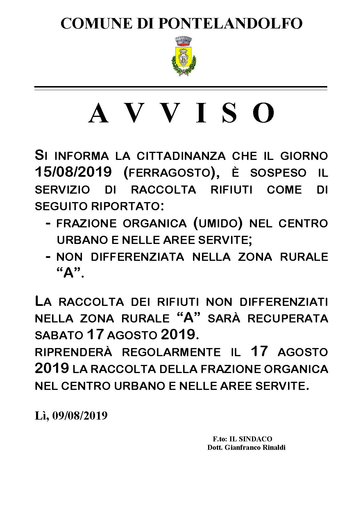 Avviso festività ferragosto