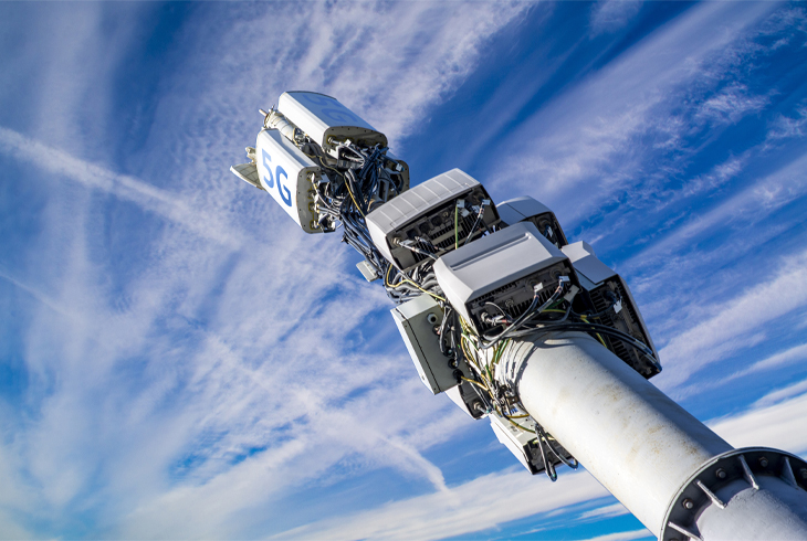 Cell tower with monitoring and control devices and antennas, transmitters and repeaters for mobile communications and the Internet.